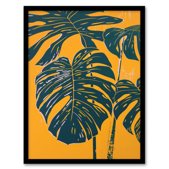 "Artery8 Plant Lover Dark Green Yellow Monstera Leaves Framed Art Print - Size: W12"" x H16""" - image 1