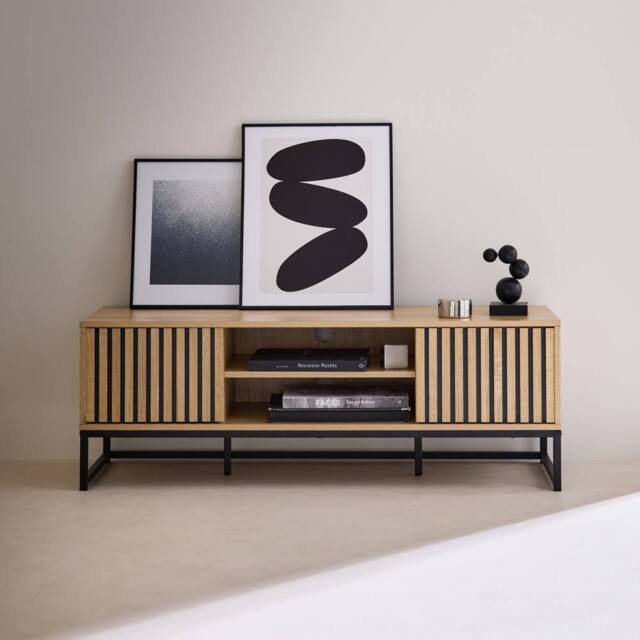 sweeek 120cm TV unit grooved wooden effect & metal 2 doors in Beige - image 1