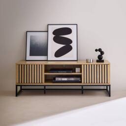 sweeek 120cm TV unit grooved wooden effect & metal 2 doors in Beige - thumbnail 3