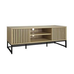 sweeek 120cm TV unit grooved wooden effect & metal 2 doors in Beige - thumbnail 2