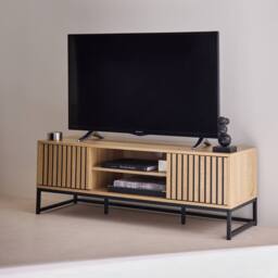 sweeek 120cm TV unit grooved wooden effect & metal 2 doors in Beige - thumbnail 4