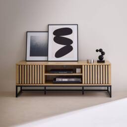 sweeek 120cm TV unit grooved wooden effect & metal 2 doors in Beige