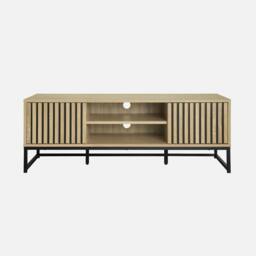 sweeek 120cm Tv Unit Grooved Wooden Effect & Metal 2 Doors in Light Brown - thumbnail 2