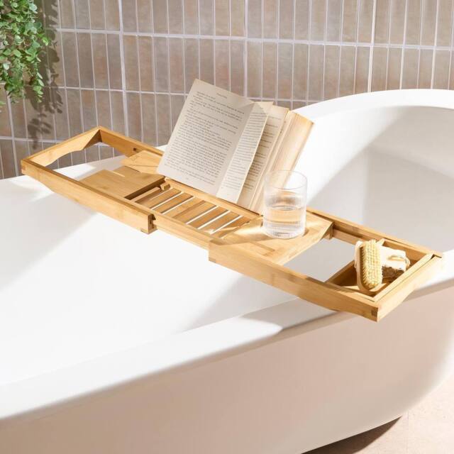 OHS Extendable Bamboo Bath Tray Bathtub Shelf Caddy in Natural - image 1