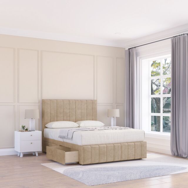 "Sloomy California Divan Bed Base Slate Naples 2 Drawers 12"" Footboard & 26"" Strutted Headboard in Cream - Size: Double" - image 1