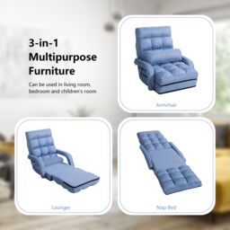 Costway 2 IN 1 Folding Lazy Sofa Lounger Floor Gaming Armchair Bed Recliner Adjustable in Blue - thumbnail 6