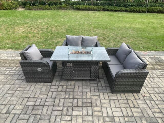 Fimous Patio Rattan Garden Furniture Set with Gas Fire Pit Dining Table Indoor Outdoor 4 piece Love Sofa set in Dark Grey - image 1