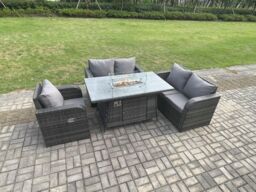Fimous Patio Rattan Garden Furniture Set with Gas Fire Pit Dining Table Indoor Outdoor 4 piece Love Sofa set in Dark Grey - thumbnail 3