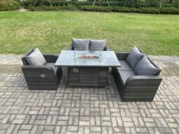 Fimous Patio Rattan Garden Furniture Set with Gas Fire Pit Dining Table Indoor Outdoor 4 piece Love Sofa set in Dark Grey - thumbnail 1