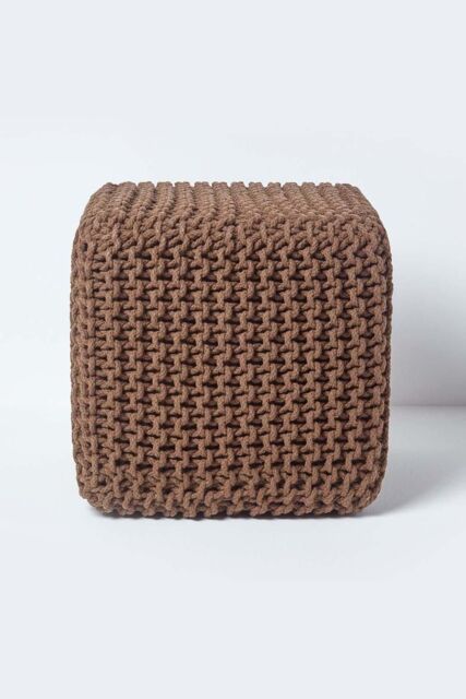 Homescapes Cube Cotton Knitted Pouffe Footstool in Chocolate - image 1