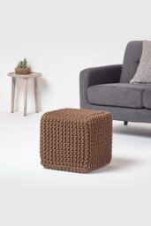 Homescapes Cube Cotton Knitted Pouffe Footstool in Chocolate - thumbnail 2