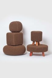 Homescapes Cube Cotton Knitted Pouffe Footstool in Chocolate - thumbnail 5