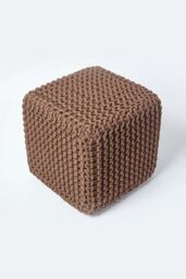 Homescapes Cube Cotton Knitted Pouffe Footstool in Chocolate - thumbnail 3