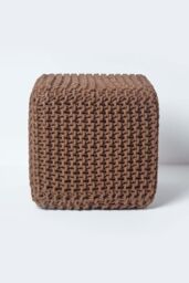 Homescapes Cube Cotton Knitted Pouffe Footstool in Chocolate - thumbnail 1