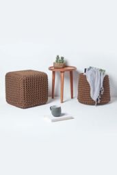 Homescapes Cube Cotton Knitted Pouffe Footstool in Chocolate - thumbnail 6