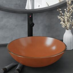 Berkfield Home Bathroom Sink with Tap & Push Drain Brown Tempered Glass - thumbnail 1