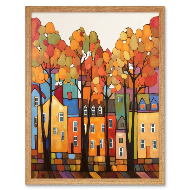 "Artery8 Wall Art Print Multicoloured House Street In Autumn Contemporary Folk Art Painting Art Framed in Light Oak - Size: W12"" x H16""" - image 1