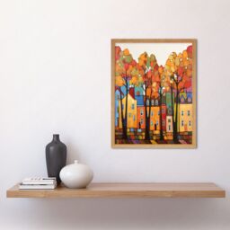 "Artery8 Wall Art Print Multicoloured House Street In Autumn Contemporary Folk Art Painting Art Framed in Light Oak - Size: W12"" x H16""" - thumbnail 2