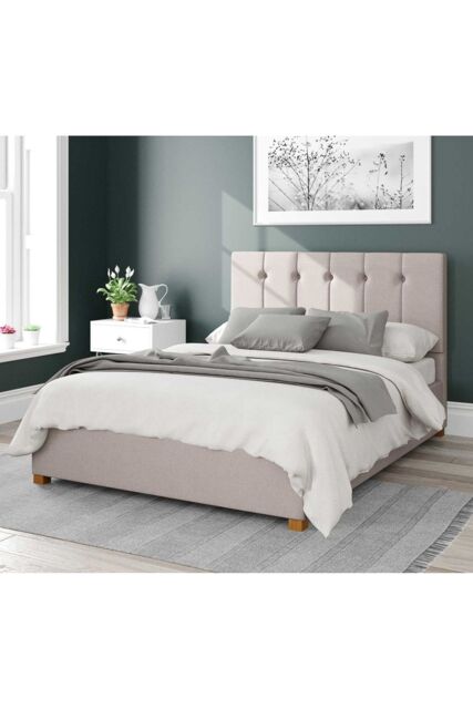 Aspire Hepburn Upholstered Ottoman Storage Bed, Eire Linen Fabric in Off-White - Size: Super King