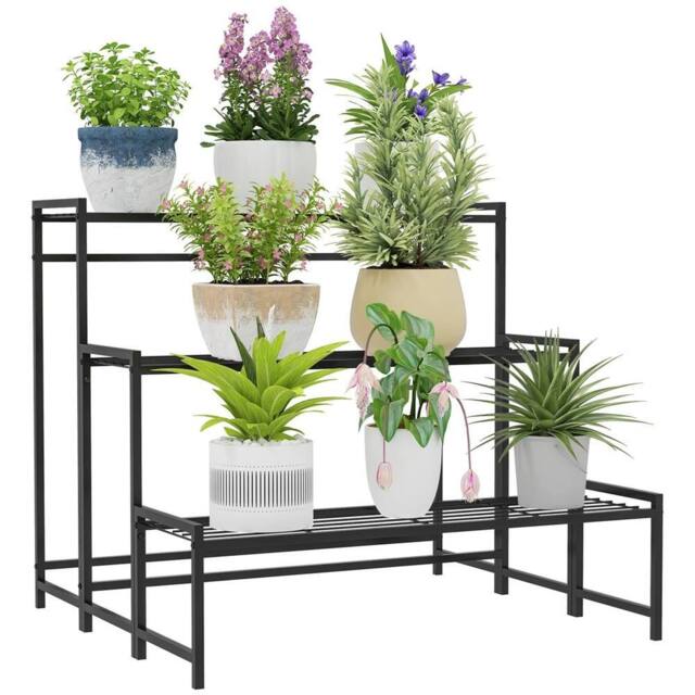 Kelvenix 3-Tier Metal Plant Stand, Black Ladder Shelf for Garden Display - image 1