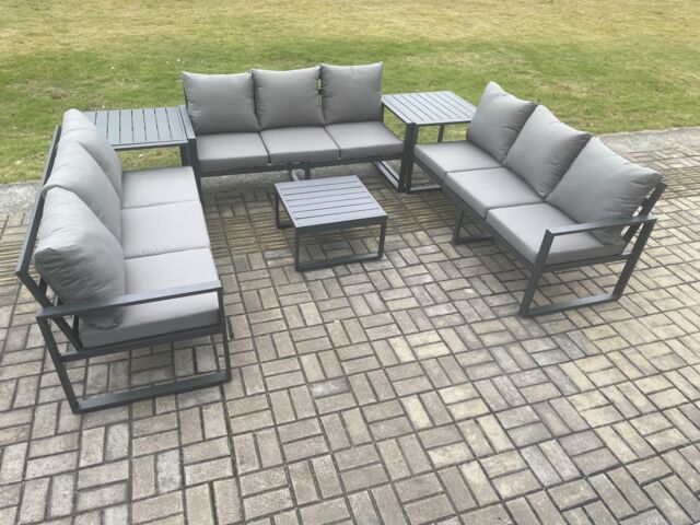 Fimous Aluminium 9 Seater Outdoor Garden Furniture Set Patio Lounge Sofa with Square Coffee Table 2 Side Tables Conservatory Set Dark Grey - image 1