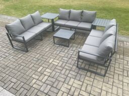 Fimous Aluminium 9 Seater Outdoor Garden Furniture Set Patio Lounge Sofa with Square Coffee Table 2 Side Tables Conservatory Set Dark Grey - thumbnail 2
