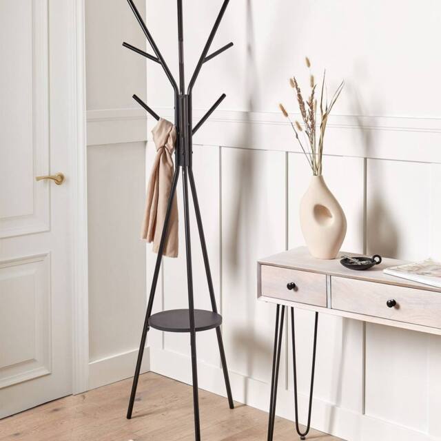 Wyld and Coco 9-Hook Coat Stand Black Metal 181cm with MDF Shelf - image 1