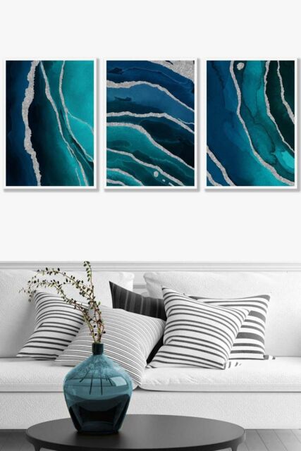 ARTZE Abstract Teal Blue Silver Strokes Framed Wall Art - Large in White - Size: W53 cm x H73 cm x D20mm - image 1