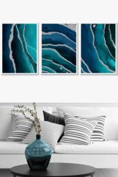 ARTZE Abstract Teal Blue Silver Strokes Framed Wall Art - Large in White - Size: W53 cm x H73 cm x D20mm