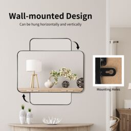 Costway 81 x 51cm Bathroom Wall Mirror Rectangular Wall Hanging Mirror Rounded Corner in Black - Size: 81 x 51 cm - thumbnail 3