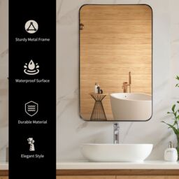 Costway 81 x 51cm Bathroom Wall Mirror Rectangular Wall Hanging Mirror Rounded Corner in Black - Size: 81 x 51 cm - thumbnail 4