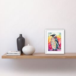 "Artery8 Wall Art Print Cute Multicoloured Spot Penguin Folk Artwork Framed 9X7 Inch in White - Size: W7"" x H9""" - thumbnail 2