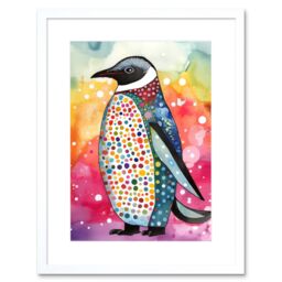 "Artery8 Wall Art Print Cute Multicoloured Spot Penguin Folk Artwork Framed 9X7 Inch in White - Size: W7"" x H9""" - thumbnail 1