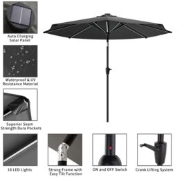 Living and Home 3m Large Solar Powered LED Patio Umbrella for Outdoor Garden Patio without Base in Grey - thumbnail 8