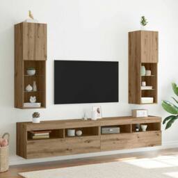Berkfield Home TV Cabinets with LED Lights 2 pcs Artisian Oak 30.5x30x102 cm in Brown - thumbnail 2