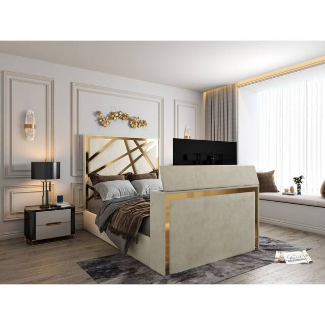 KDMD Morgan Upholstered Soft Velvet Cream TV Bed Frame - Size: Single - image 1