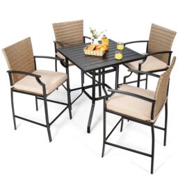Costway 5 Pieces Outdoor Bar Stool Set Patio Rattan Bistro Set W/ 4 Chairs &1 Bar Table - thumbnail 1
