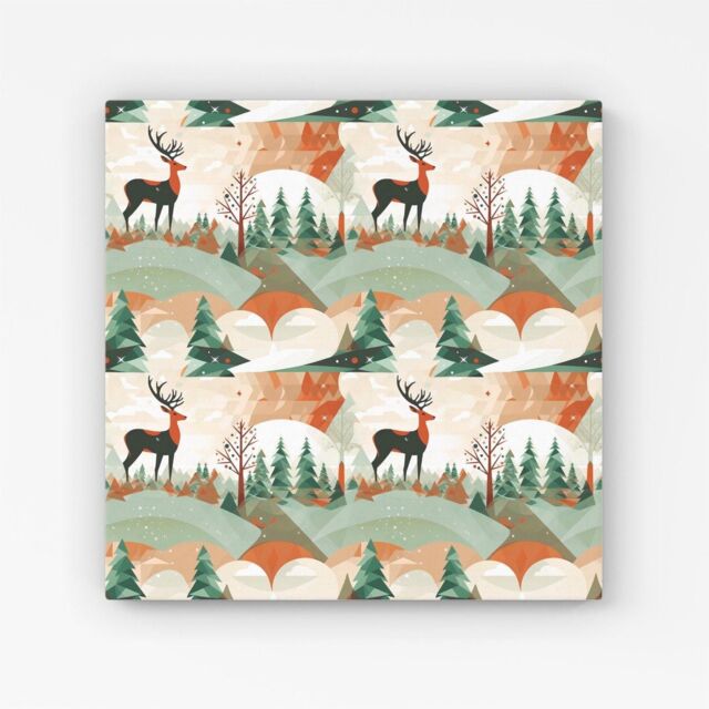 "Warren Reed - Designer Reindeer On A Snowy Landscape Pattern Canvas in Green - Size: W30"" x H30""" - image 1