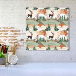 "Warren Reed - Designer Reindeer On A Snowy Landscape Pattern Canvas in Green - Size: W30"" x H30""" - thumbnail 2