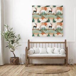 "Warren Reed - Designer Reindeer On A Snowy Landscape Pattern Canvas in Green - Size: W30"" x H30""" - thumbnail 3