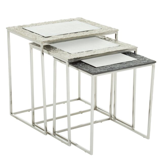 Orsina Luxe Set Of 3 Rectangular Nesting Tables, Nickel & Gunmetal Finish Decorative Tables, Antique Bedside Tables in Silver - image 1