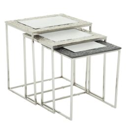 Orsina Luxe Set Of 3 Rectangular Nesting Tables, Nickel & Gunmetal Finish Decorative Tables, Antique Bedside Tables in Silver