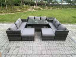 Fimous 11 Seater Outdoor Rattan Garden Furniture Sofa Set Patio Adjustable Rising Lifting Dining Table Set in Dark Grey - thumbnail 2