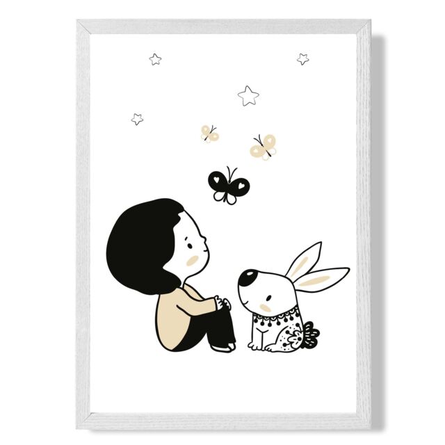 ARTZE Scandi Prince Little Boy with Rabbit Framed Print SIZE: A4 with White Frame in Black - image 1