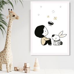 ARTZE Scandi Prince Little Boy with Rabbit Framed Print SIZE: A4 with White Frame in Black - thumbnail 2