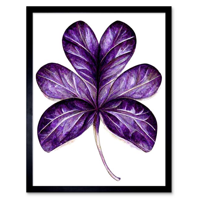 "Artery8 Wall Art Print Purple on White Six Clover Modern Simple Leaf Art Framed in Black - Size: W12"" x H16""" - image 1