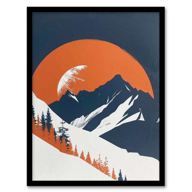 "Artery8 Abstract Winter Crescent Moon Mountain Landscape Framed Art Print in Orange - Size: W12"" x H16""" - image 1