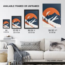 "Artery8 Abstract Winter Crescent Moon Mountain Landscape Framed Art Print in Orange - Size: W12"" x H16""" - thumbnail 3