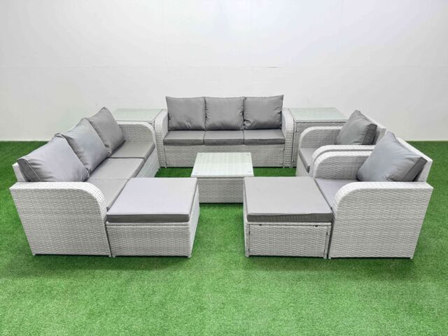 Fimous PE Rattan High Back Lounge Sofa Set Patio Square Coffee Table & Chairs Set w/ 3 Seater Sofa Reclining Chair 2 Big Footstool 2 Side Table Light - image 1