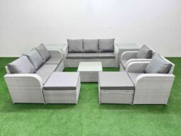 Fimous PE Rattan High Back Lounge Sofa Set Patio Square Coffee Table & Chairs Set w/ 3 Seater Sofa Reclining Chair 2 Big Footstool 2 Side Table Light - thumbnail 1